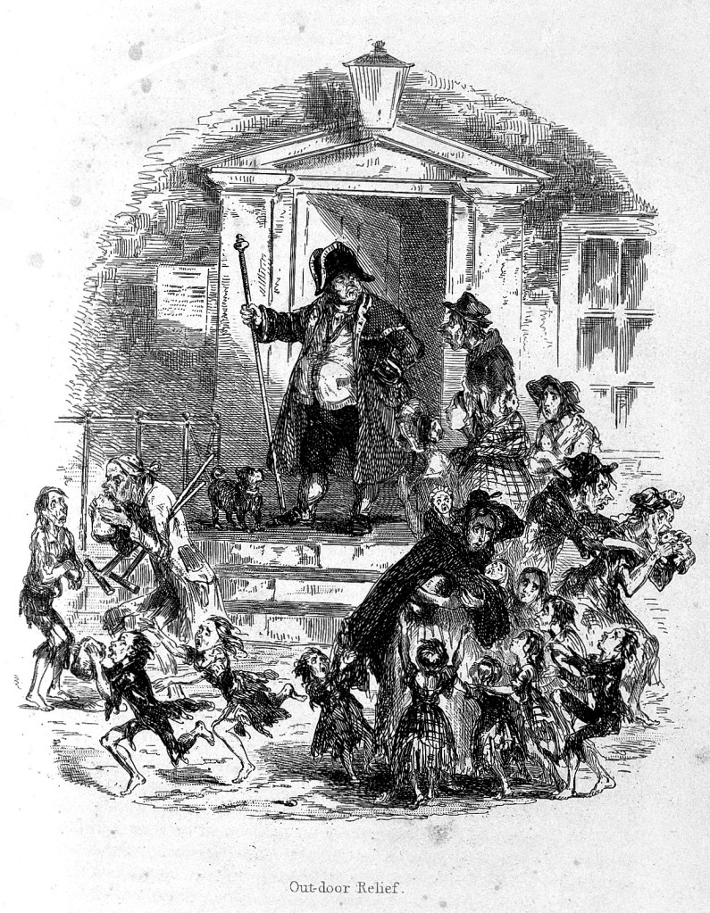 Drawing of the workhouse manager standing in a doorway wearing a hat and hold a stick.  Poor people cower and around him. Skinny street urchins run away and a women with hungry small children crowd around.